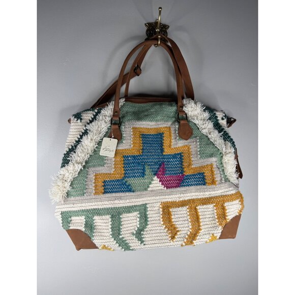 Free People Quick Trip Weekender Bag  NWT Slouchy Woven Green Cream - Picture 3 of 10